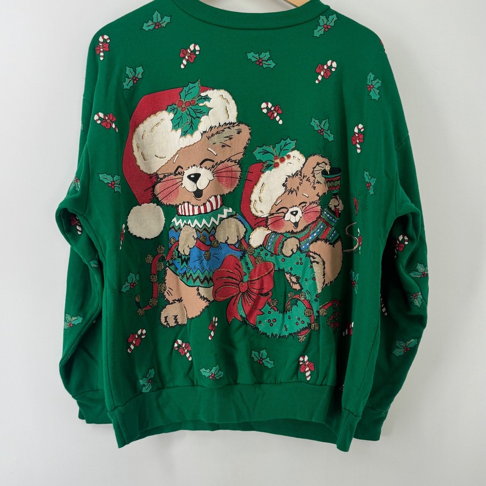 Vintage NutCracker Christmas Cats Sweatshirt Green 90s Puff Print M